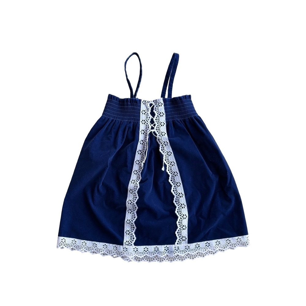 Vintage ILGWU Navy Blue Velvet Lace Trim Jumper Dress Girls Size 6 Made in‎ USA